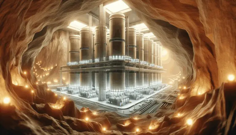 Vista subterránea estilizada mostrando instalaciones tecnológicas de almacenamiento energético en formaciones rocosas.