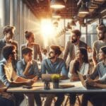 Jóvenes emprendedores discutiendo energía y tecnología en una oficina moderna, equipo de trabajo y pantallas luminosas al fondo.