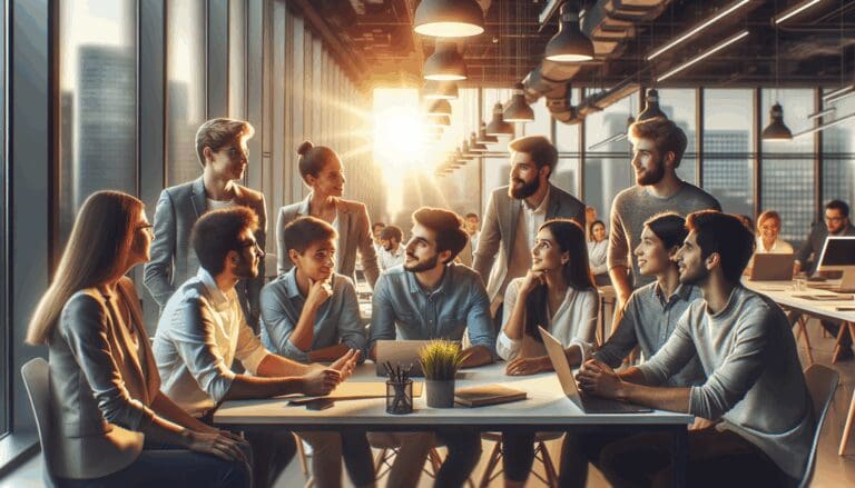Jóvenes emprendedores discutiendo energía y tecnología en una oficina moderna, equipo de trabajo y pantallas luminosas al fondo.