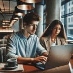 Foto de dos jóvenes emprendedores trabajando en una laptop en un café moderno, ambiente urbano y colaborativo.