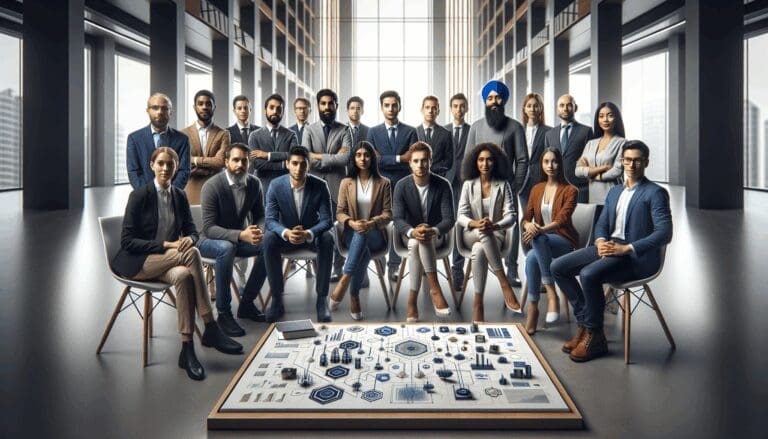 Emprendedores reunidos en un espacio moderno presentando ideas y prototipos tecnológicos.