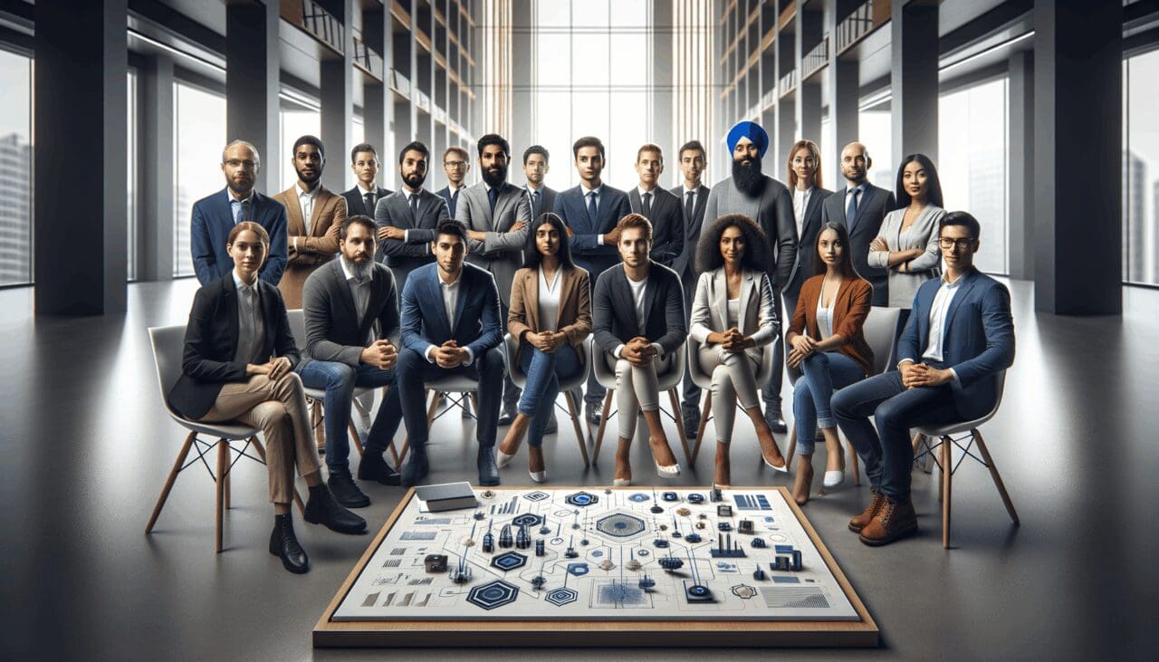 Emprendedores reunidos en un espacio moderno presentando ideas y prototipos tecnológicos.