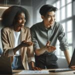 Dos jóvenes emprendedores colaborando en una oficina moderna, rodeados de pantallas y dispositivos digitales.