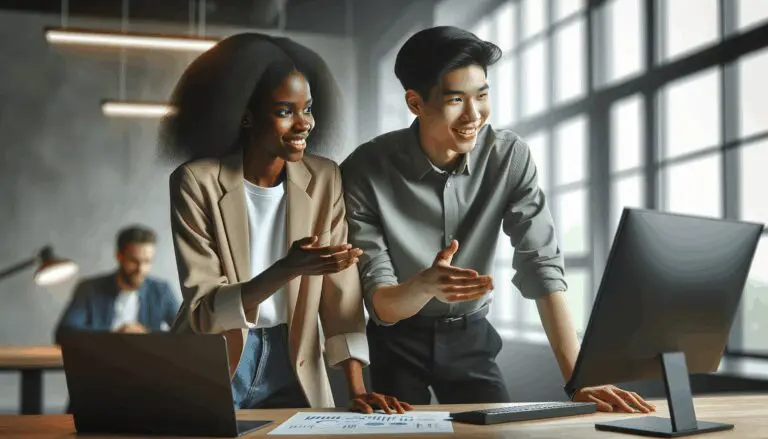 Dos jóvenes emprendedores colaborando en una oficina moderna, rodeados de pantallas y dispositivos digitales.