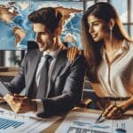 Dos jóvenes profesionales revisando gráficos financieros en una oficina moderna, con mapas de América Latina de fondo.