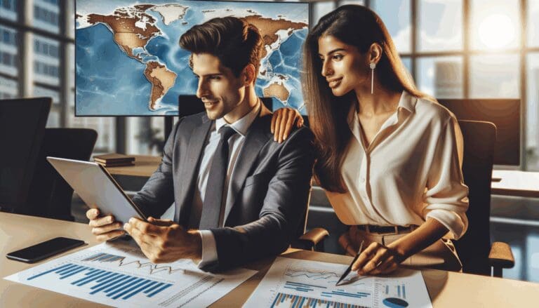 Dos jóvenes profesionales revisando gráficos financieros en una oficina moderna, con mapas de América Latina de fondo.