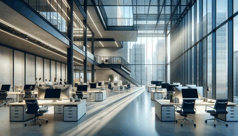 Oficinas modernas en un ambiente de coworking tecnológico en una ciudad latinoamericana.