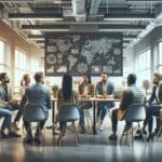 Grupo diverso de emprendedores discutiendo frente a pantallas digitales en un moderno espacio de coworking.