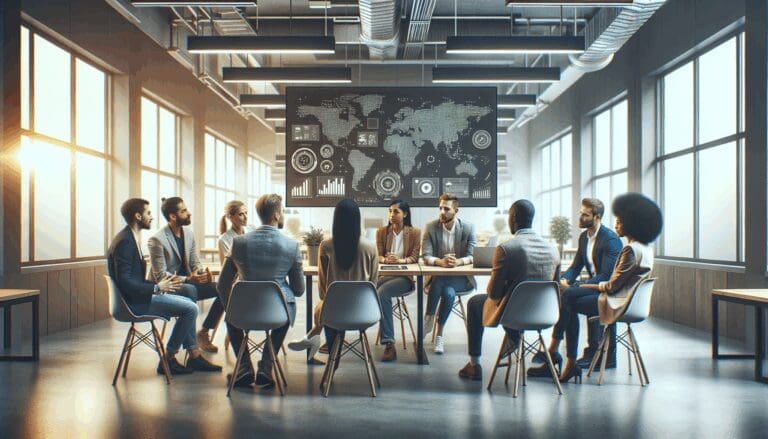 Grupo diverso de emprendedores discutiendo frente a pantallas digitales en un moderno espacio de coworking.