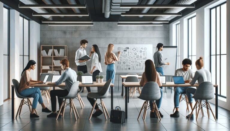 Personas jóvenes colaborando en un espacio de coworking moderno con laptops y pizarras electrónicas.