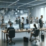 Oficina moderna con equipos tecnológicos y personas colaborando en ambiente de fintech.