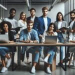 Grupo de jóvenes emprendedores colaborando en un espacio moderno de coworking, con pantallas y laptops alrededor.