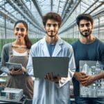 Equipo joven trabajando con tecnología agrícola en un invernadero moderno en Latinoamérica.