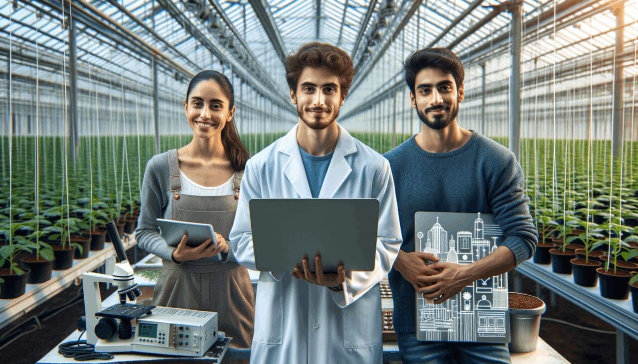 Equipo joven trabajando con tecnología agrícola en un invernadero moderno en Latinoamérica.