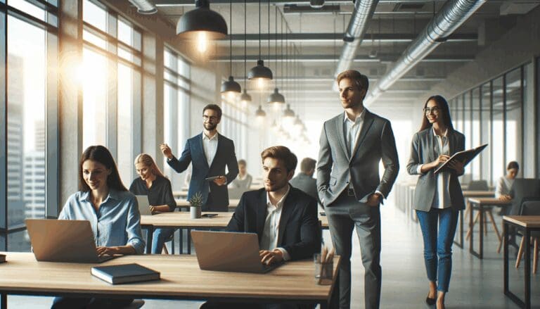 Emprendedores trabajando en un espacio de coworking moderno iluminado.