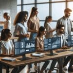 Equipo de jóvenes profesionales en una sala de trabajo moderna llena de pantallas y gráficos digitales.
