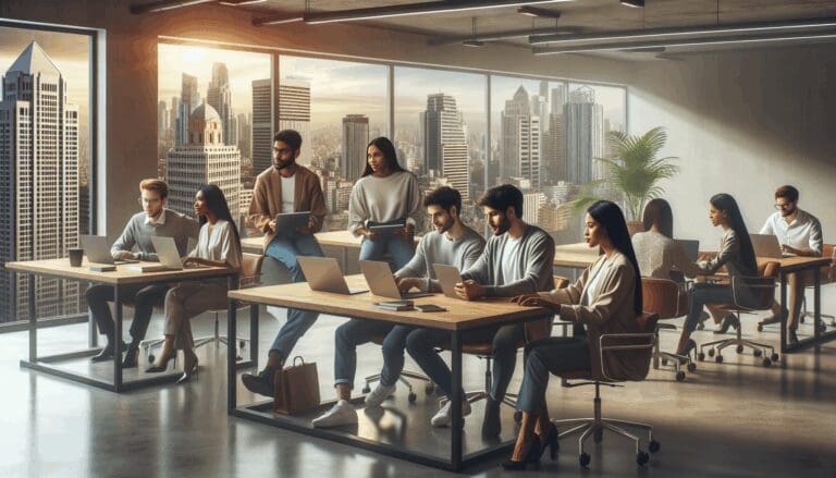 Espacio de coworking en una ciudad latinoamericana con jóvenes empresarios colaborando.
