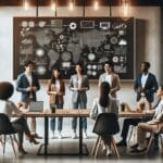 Grupo diverso de emprendedores reunidos en una oficina moderna, proyectando ideas en pizarras digitales.
