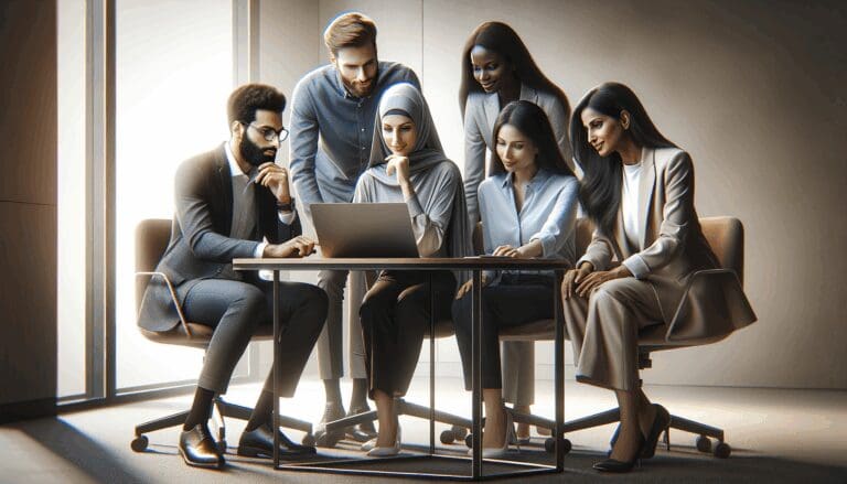 Equipo diverso en una oficina moderna analizando datos de crecimiento en una pantalla digital.