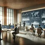 Oficina moderna con pantallas mostrando gráficos financieros y equipos trabajando juntos.