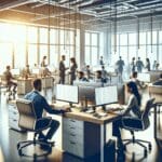 Ilustración de una oficina con equipos trabajando en computadoras y pantallas, ambiente startup moderno y luminoso.