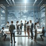 Grupo diverso de emprendedores colaborando en una oficina moderna rodeados de pantallas digitales.