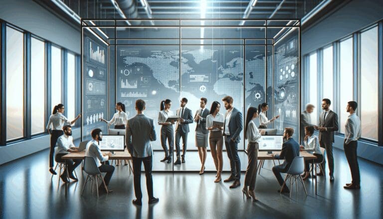 Grupo diverso de emprendedores colaborando en una oficina moderna rodeados de pantallas digitales.