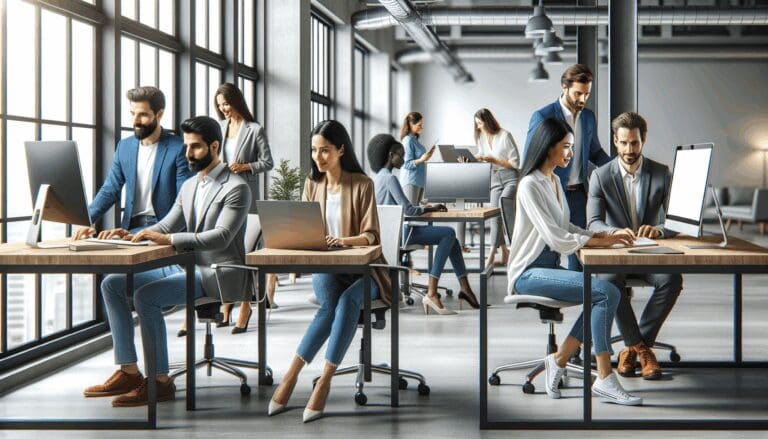 Grupo diverso de emprendedores colaborando frente a computadoras en un moderno espacio de coworking.