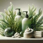 Primer plano de algas marinas y productos higiénicos ecológicos sobre una mesa limpia con fondo neutro.