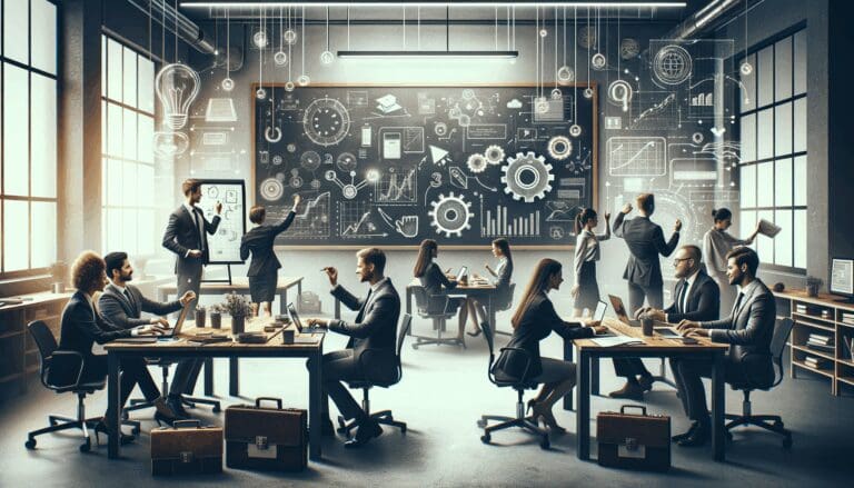 Equipo de trabajo en una sala moderna rodeados de pizarras y dispositivos tecnológicos, colaborando activamente.