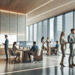 Emprendedores reunidos en un espacio de coworking moderno con pantallas digitales y ambiente de trabajo colaborativo.