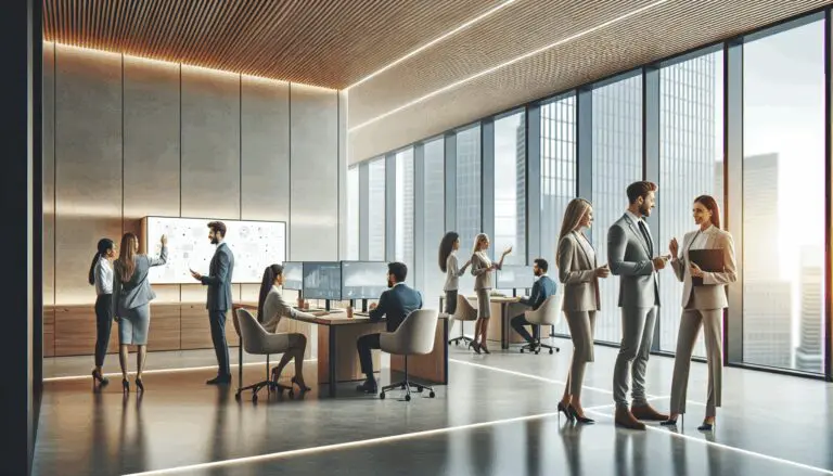 Emprendedores reunidos en un espacio de coworking moderno con pantallas digitales y ambiente de trabajo colaborativo.