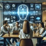 Primer plano de un equipo joven conversando frente a pantallas con gráficos de inteligencia artificial en una oficina tecnológica luminosa.