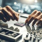 Primer plano de manos ingenieriles ensamblando un chip en laboratorio moderno, fondo desenfocado de placas electrónicas.