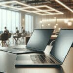 Primer plano de computadoras portátiles sobre una mesa en un espacio de coworking moderno, ambiente tecnológico.