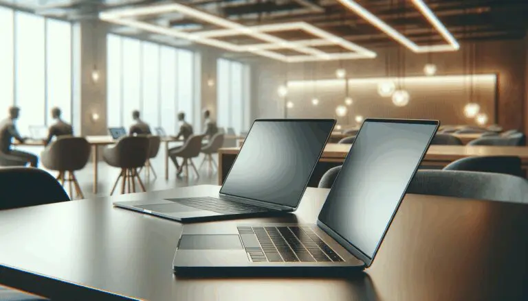 Primer plano de computadoras portátiles sobre una mesa en un espacio de coworking moderno, ambiente tecnológico.