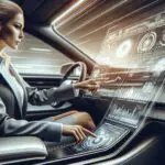 Persona analizando un tablero digital dentro de un auto moderno en un entorno futurista.