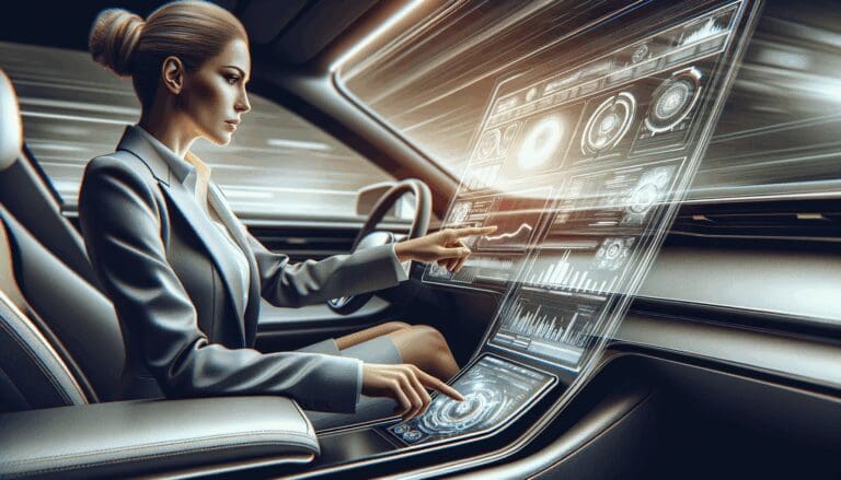 Persona analizando un tablero digital dentro de un auto moderno en un entorno futurista.