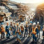 Operarios mineros trabajando en una mina a cielo abierto con tecnología avanzada.