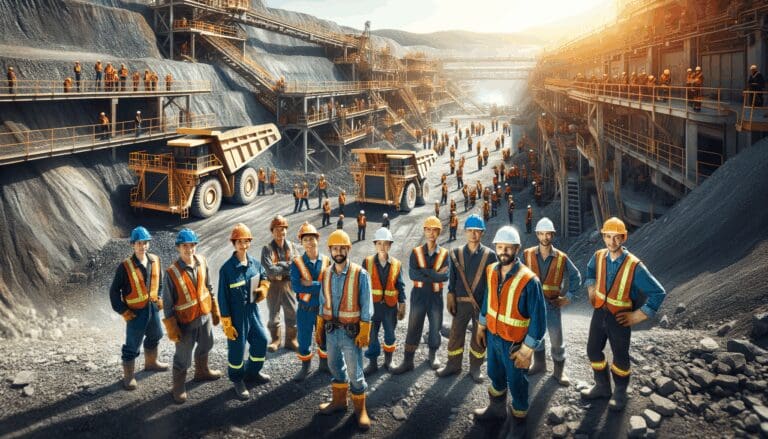 Operarios mineros trabajando en una mina a cielo abierto con tecnología avanzada.