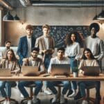 Jóvenes emprendedores colaborando en un espacio moderno de coworking con computadoras y pizarras.