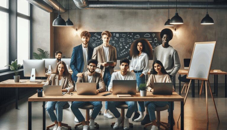 Jóvenes emprendedores colaborando en un espacio moderno de coworking con computadoras y pizarras.