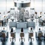 Primer plano de un laboratorio moderno con científicos colaborando y equipos de innovación médica.