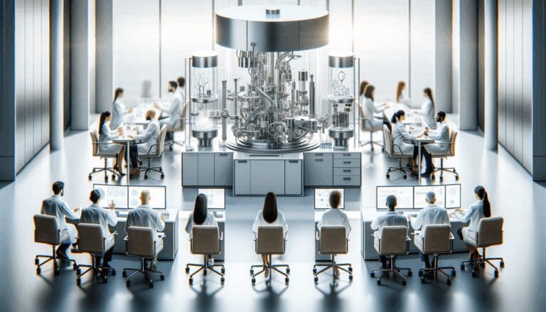 Primer plano de un laboratorio moderno con científicos colaborando y equipos de innovación médica.