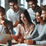 Primer plano de jóvenes profesionales colaborando en un entorno de coworking moderno y tecnológico.