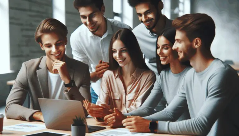 Primer plano de jóvenes profesionales colaborando en un entorno de coworking moderno y tecnológico.