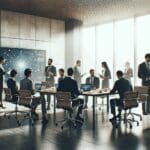 Fotografía editorial de una reunión profesional en una oficina moderna, personas colaborando en un entorno tecnológico.