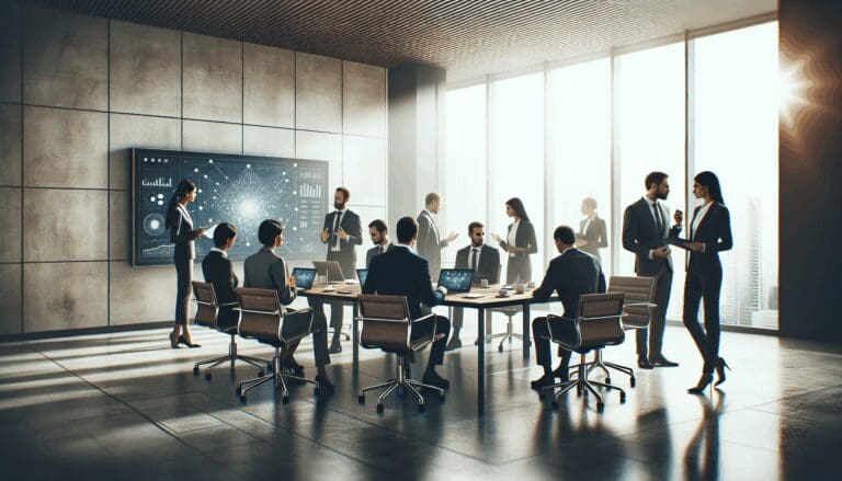 Fotografía editorial de una reunión profesional en una oficina moderna, personas colaborando en un entorno tecnológico.