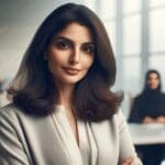 Retrato editorial de una mujer exitosa en un entorno moderno de oficina, fondo neutro y luz suave.