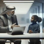 Padre e hija conversando frente a una laptop en un ambiente moderno de oficina.